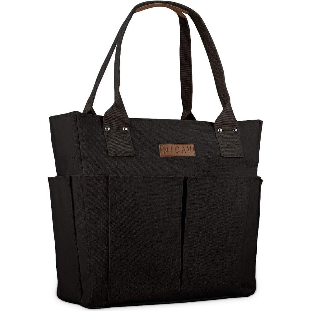 Women Black Large Utility Premium Canvas Tote Bags with Pockets Zip Top